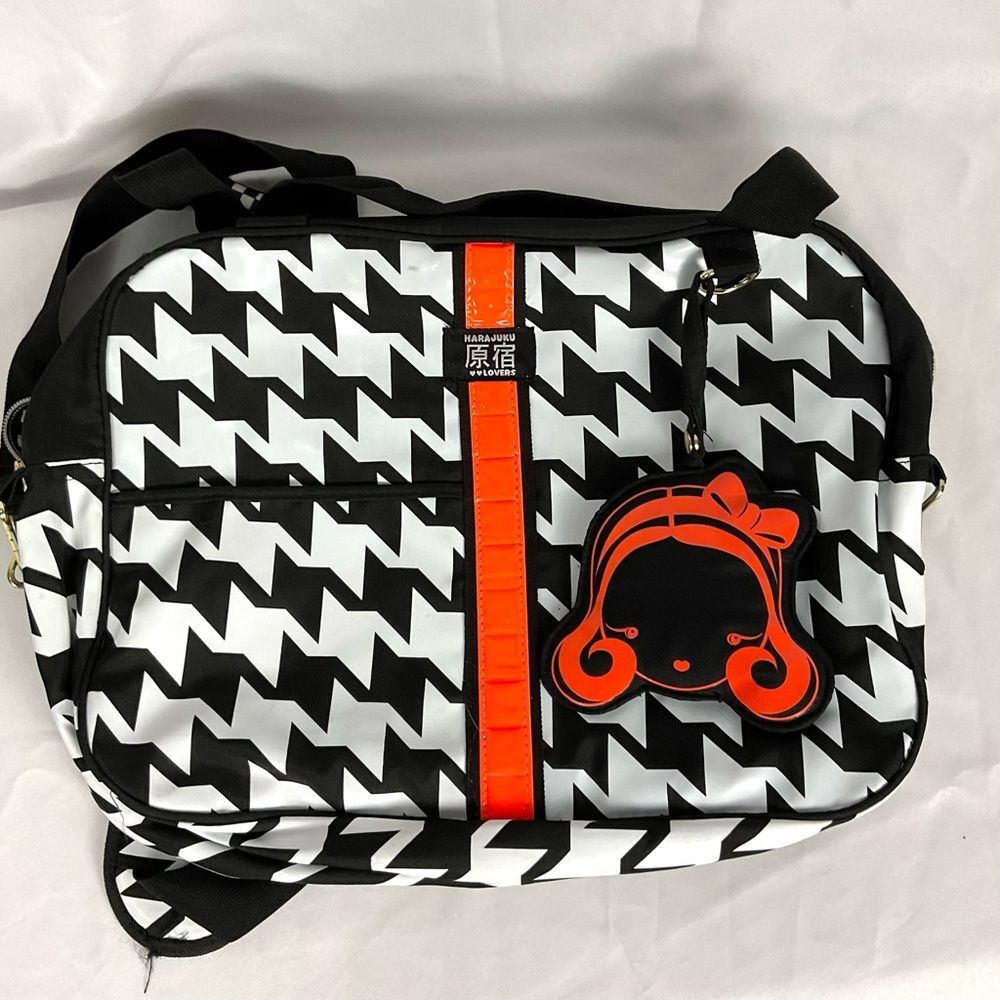 Harajuku Lovers Houndstooth Messenger Bag Black & White Laptop Shoulder Y2K